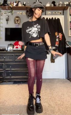 Feminine But Edgy Outfit, Mini Corset Outfit, Grunge Pencil Skirt Outfits, Leather Skirt Rocker Outfit, Soft Alt Outfits Aesthetic, Flare Jeans Outfit Alternative, Horror Movie Outfits Aesthetic, Band Tee Winter Outfits, Denim Shorts Tights Outfit