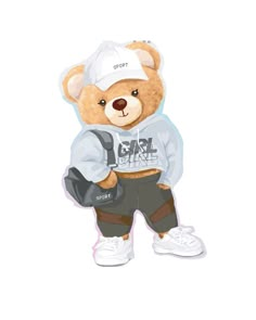 a brown teddy bear wearing a white hat and sweatshirt with black pants on it's chest