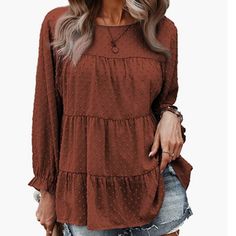 Peplum Tops For Women, Work Blouses For Women, Womens Peplum Tops, Swiss Dot Blouse, Loose Blouses, Women Business Casual, Round Neck Blouse, Loose Fit Blouse, Fashion Blouses