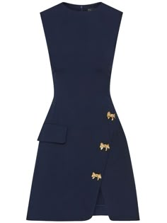 Find OSCAR DE LA RENTA Bow Button Split Skirt Dress on Editorialist. navy blue virgin wool stretch-design decorative bow button detailing crew neck rear zip fastening sleeveless fitted waistline side flap pocket split hem Marine Uniform, Split Skirt, City Dress, Mode Inspo, Skirt Dress, Split Hem, Lady Dior, Hermes Birkin, Dress Blue