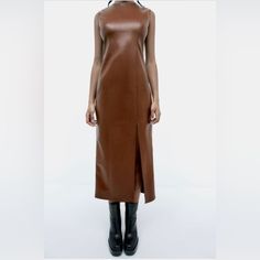 New&Tags C144 Brown Midi Dress For Night Out In Fall, Chic Knee-length Faux Leather Dress, Chic Brown Dresses For Fall, Brown Leather Dress For Night Out, Chic Brown Fall Dresses, Chic Fitted Brown Midi Dress, Brown Sheath Mini Dress For Fall, Chic Brown Fitted Midi Dress, Sleek Faux Leather Dresses For Fall