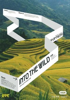 an advertisement with the words into the wild written in black and white on top of a green field