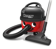 a red and black vacuum with eyes on it