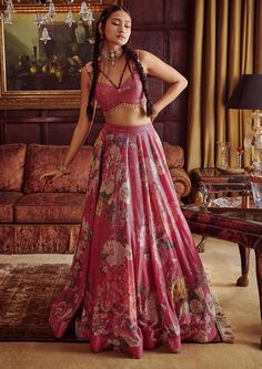 Kalista-Freida Crimson Pink Lehenga And Blouse-INDIASPOPUP.COM Lehenga And Blouse, Raw Silk Lehenga, Printed Lehenga, Indian Outfits Lehenga, Lehenga Blouse Designs, Mens Silver Jewelry, Red Lehenga, Pink Lehenga, Silk Lehenga