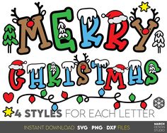 merry christmas lettering with ornaments and stars on white background, includes 4 styles for each letter