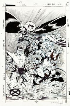 an old comic book page with many different characters in black and white ink on paper