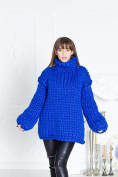 Blue Chunky Knit Long Sleeve Sweater, Oversized Blue Knitted Sweater, Winter Chunky Knit Wool Knitting Pattern, Oversized Hand Knitted Blue Sweater, Blue Knit Sweater For Winter, Cozy Blue Chunky Knit Pattern, Oversized Hand-knitted Blue Sweater, Oversized Blue Hand Knitted Sweater, Winter Hand Knitted Merino Wool Sweater