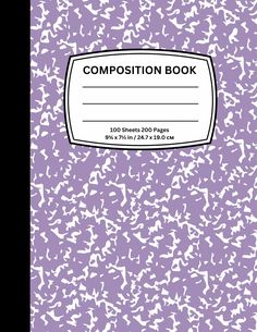 a purple composition book with white confetti on the front and back cover, which reads composition book