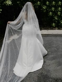 a woman in a wedding dress and veil is standing on the ground with her back to the camera