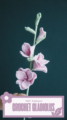 a crochet gladiolus flower is shown in front of a dark background