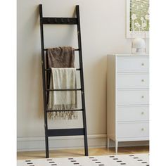 a ladder leaning up against a wall with a towel rack next to it and a rug on the floor