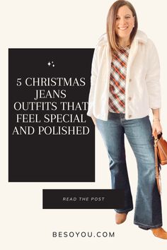 Get 8 styling tips for putting together a great jeans outfit at the holidays and see 5 elevated holiday jeans outfit ideas. Christmas Jeans Outfit, Christmas Jeans, Holiday Jeans, Cream Faux Fur Coat, Black Satin Blouse, Christmas Outfit Casual, Kitten Heel Ankle Boots, Stacked Heel Boots, Dark Wash Flare Jeans