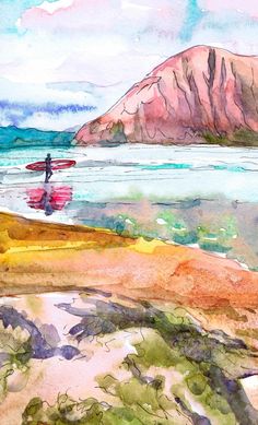 a watercolor painting of a person on a surfboard in the ocean with mountains in the background