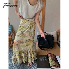 TAVIMART Japanese Cartoon Printing Cute Mesh Mid-length Skirt Women Summer New High Waist All Match Casual Pleated A-line Skirt There may be errors in manual measurement, 1-3cm error is normal. The color in the image could look slightly different from the actual product. 1152484394 Custom Made Clothing, Japanese Cartoon, Floral Midi Skirt, Mid Length Skirts, Skirt Women, Summer Fabrics, Floral Chiffon, Mermaid Dresses, Dress Suits