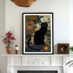 a black cat sitting on top of a white mantle next to a vase with flowers