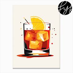 a poster with an orange slice and ice cubes on the rim, in front of a white background