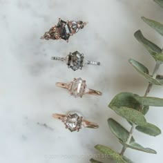 three different rings sitting on top of a white marble table next to a green plant