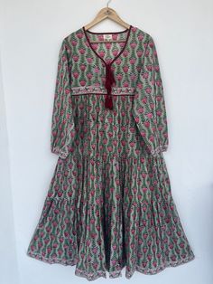 Women's floral printed maxi dress, bohemian green hand block printed long gown, Indian cotton long maxi, bohemian maxi dress, block print dress, beautiful gift for her, long maxi, Indian cotton dresses seller, boho maxi, floral dress, long dress, beautiful dress, party dress, vintage dresses, bohemian dresses, cotton dress, indian cotton dress, women dress, indian wholesale Feel beautiful and confident throughout your days wearing our block printed outfits, made with high quality soft and breath Green Printed Long Dress, Green Anarkali Maxi Dress For Spring, Traditional Green Long Sleeve Maxi Dress, Traditional Long Sleeve Green Maxi Dress, Green Anarkali Dress For Summer, Green Bohemian Printed Maxi Dress, Green Bohemian Maxi Dress With Print, Green Bohemian Maxi Dress, Green V-neck Cotton Maxi Dress