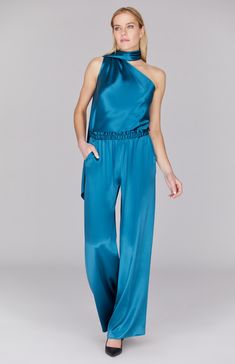 Our signature one shoulder bias cut top with an attached scarf that can be worn loose down the back or wrapped gracefully around the neck. Satin Pajama Pants, Cut Top, Evening Jackets, Pajama Pant, Satin Pajamas, City Style, Silk Crepe, Slim Pants, Steel Blue