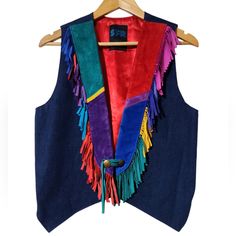 Great Condition Rodeo Aesthetic Rodeo Aesthetic, Cowboy Vest, Leather And Denim, Denim Fringe, Colorful Vest, Western Vest, Coats Vintage, Fringe Vest, Colored Leather