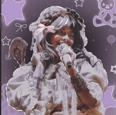 a drawing of a woman singing into a microphone in front of stars and teddy bears