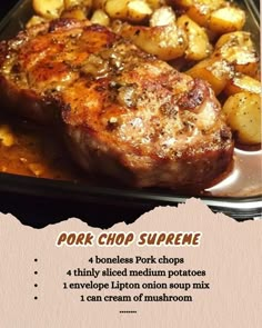 pork chop supreme with potatoes on the side and text describing how to cook it in an oven