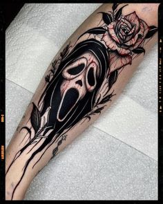 Ghostface Tattoo Inspiration - Horror Movie Inspired Tattoo Ghostface Tattoo, Halloween Tattoos Sleeve, Forarm Tattoos, Theme Tattoo, Creepy Tattoos