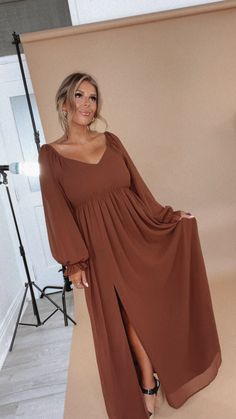 The Timeless Romantic Chiffon Maxi Dress, designed exclusively for Fall photoshoots, elegantly blends the grace of a maxi dress with the season's warm hues, making it the perfect choice for those who desire both style and comfort. Its flowing silhouette and intricate details create a versatile and sophisticated look. Fit: Elastic waistband & flowy fit throughout; We recommend sizing down unless you are larger chested! If you have ANY questions about sizing, don't hesitate to reach out! We are ha Full Skirt Dresses, Earth Tone Dresses, Maxi Dress Fall, Brown Gifts, Photoshoot Dresses, Style Wide Leg Jeans, Bride Top, Maxi Dresses Fall, Cuffed Sleeve