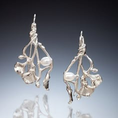 Silver Earrings - These dangle earrings offer a charming, freeform branch and leaf design which is enhanced with peg-set, white freshwater pearls. Sterling silver ear wires. Silver Flower Jewelry, Silver Vintage Earrings, Elegant Silver Freeform Earrings, Elegant Freeform Earrings For Gifts, Silver And Pearl Earrings, Artsy Silver Earrings, Soldered Earrings, Nana Earrings, Romantic Soft Summer