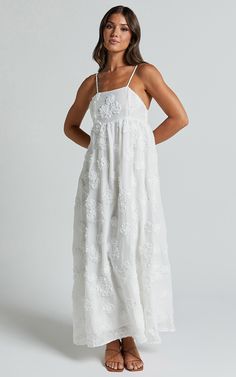 Claya Maxi Dress - Sleeveless Straight Neckline Floral Detail Dress in White Embroidery | Showpo USA White Eyelet Maxi Dress, White Sun Dresses, White Maxi Dress Casual, Sundress Wedding Dress, Classy Sundress, White Maxi Sundress, Maxi White Dress, White Bridal Shower Dress, Hawaii Dresses