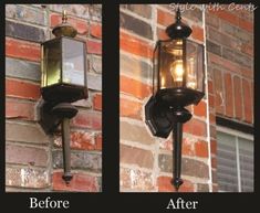 an old fashioned light on the side of a brick building before and after being restored