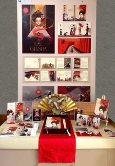 a table topped with lots of books and pictures next to a wall covered in posters