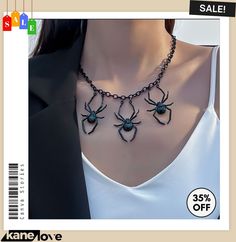 Women Fashion Diablo Gothic Black Glitter Spider Necklace Earrings Metal Halloween Party Jewelry, Trendy Halloween Party Necklaces, Trendy Metal Jewelry For Halloween, Trendy Metal Halloween Jewelry, Trendy Halloween Metal Jewelry, Black Alloy Jewelry For Halloween, Black Alloy Halloween Jewelry, Halloween Evening Metal Jewelry, Trendy Black Party Jewelry