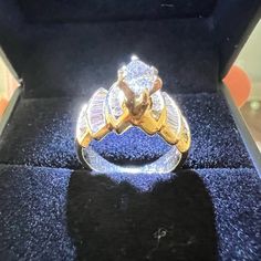 Size Like A Dime . Excellent Condition Like New Gold Baguette Cut Cubic Zirconia Wedding Ring, Gold Bridal Sets With Center Stone For Anniversary, Gold Bridal Sets With Halo Setting For Anniversary, Gold Marquise Cut Cubic Zirconia Cluster Ring, Luxury Gold Diamond-cut Bridal Sets, Gold Cubic Zirconia Bridal Sets With Center Stone, Dazzling Gold Diamond Ring With Center Stone, Yellow Gold Diamond Bridal Set With Center Stone, Luxury Gold Diamond Cut Bridal Sets