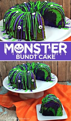 a cake with green and purple icing on it that looks like monster bundt cakes