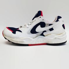 Nike is well-known for its running shoes, and the Nike Windrunner II does not fall short of any expectations. This particular pair was released in 1995 and features a special USA Track and Field design. Condition - Year Made: 1995 - Color: white/Md Navy-Crimson - Brand: Nike - Size: 8.5 - Special USA Track and Field edition - These shoes are deadstock - Original box - Dried glue stains are visible on the shoe due to age - There are red color transfers due to storage - Minor yellowing due to age Retro Low-top Running Shoes With Vibram Sole, 90s White Sports Sneakers, Retro Air Max Sneakers For Running, Retro White Sneakers For Running Errands, White Retro Sneakers For Running Errands, Retro White Sneakers For Errands, Sporty Marathon Sneakers With Vibram Sole, Retro Low-top Running Shoes For Sports, Casual Running Shoes With Vibram Sole For Marathon