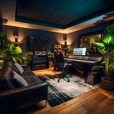 a living room filled with lots of furniture and plants in front of a computer desk