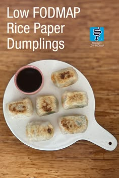 low fodmap rice paper dumplings on a white plate with a cup of coffee