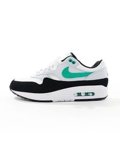 Nike Air Max 1 sneakers in white, black and green | ASOS Green Custom Sneakers With Boost Midsole For Running, Green Custom Sneakers For Running With Boost Midsole, Functional Green Custom Sneakers With Boost Midsole, Custom Green Sneakers With Boost Midsole For Running, Green Training Sneakers With Air Cushioning, Functional Green Custom Sneakers For Running, Green Round Toe Sneakers For Training, Sporty Green Sneakers For Training, Nike Custom Dynamic Sneakers With Cushioned Footbed