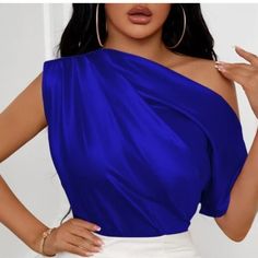 Asymmetrical Neck Blue Satin Blouse Royal Blue Blouse Outfit, Blue Blouse Outfit, Blue Satin Blouse, Royal Blue Outfits, Boho Prom, Ruched Blouse, Winter Blazer, Dress Professional, Blue Cami