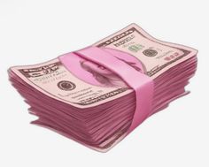 stacks of one hundred dollar bills with a pink ribbon tied around the ends, on a white background