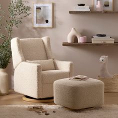 a chair and ottoman in a living room with shelves on the wall behind it,