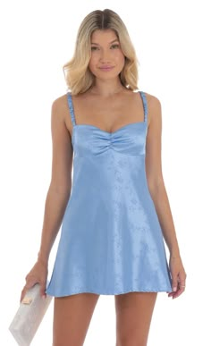 Jacquard Babydoll Satin Dress in Blue | LUCY IN THE SKY Baby Blue Hoco Dress, Blue Satin Dress Short, 90s Jennifer Aniston, Light Blue Short Dress, Semi Formal Dresses Short, Bright Periwinkle, Rehearsal Dinner Attire, Satin Dress Short, Sisterhood Round