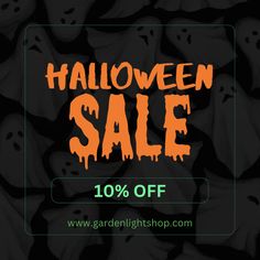 halloween sale banner with pumpkins and ghost faces on black background for garden lights shop