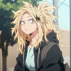 an anime character with blonde hair and blue eyes looking at something in the distance while wearing a black jacket