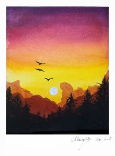 watercolor painting of birds flying in the sky at sunset with mountains and pine trees