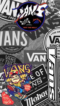 various stickers and decals are shown in this graphic art work, including the vans logo