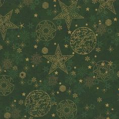 a green background with gold stars and snowflakes