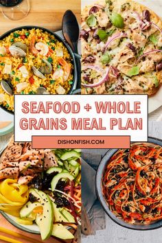 seafood and whole grains meal plan with text overlay