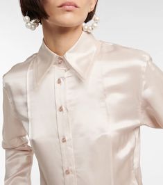 Acne Studios - Satin shirt | Mytheresa Designer Silk Collared Shirt, Designer Silk Shirt For Work, Elegant Silk Shirt For Work, Elegant Silk Button-up Shirt, Elegant Silk Shirt For Workwear, Elegant Silk Tops With Button Closure, Designer Silk Shirt With Spread Collar, Designer Silk Blouse With Spread Collar, Elegant Silk Top With Spread Collar